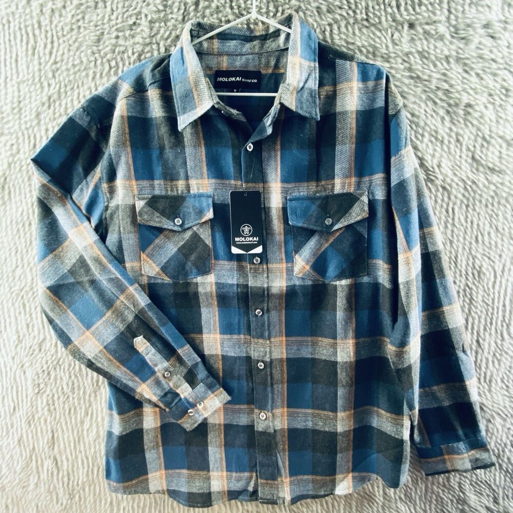 Molokai Surf Co Men's M Medium Blue Black Plaid Flannel Button Up Shirt